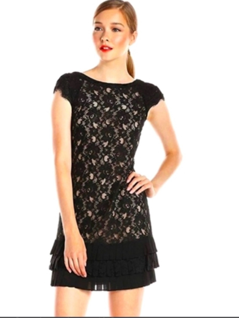 Black Lace Cap-Sleeve Tiered Hem Dress